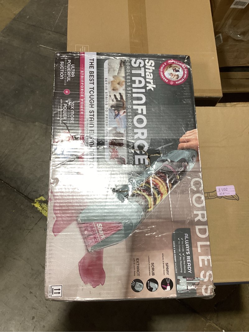 Condition photo showing As Is for shark stainforce cordless portable spot, stain, & odor remover system for carpets, area rugs, upholstery, stairs, with storage caddy, accessories, and full-size cleaning solution, hx101 (new) stainforce cordless stain system