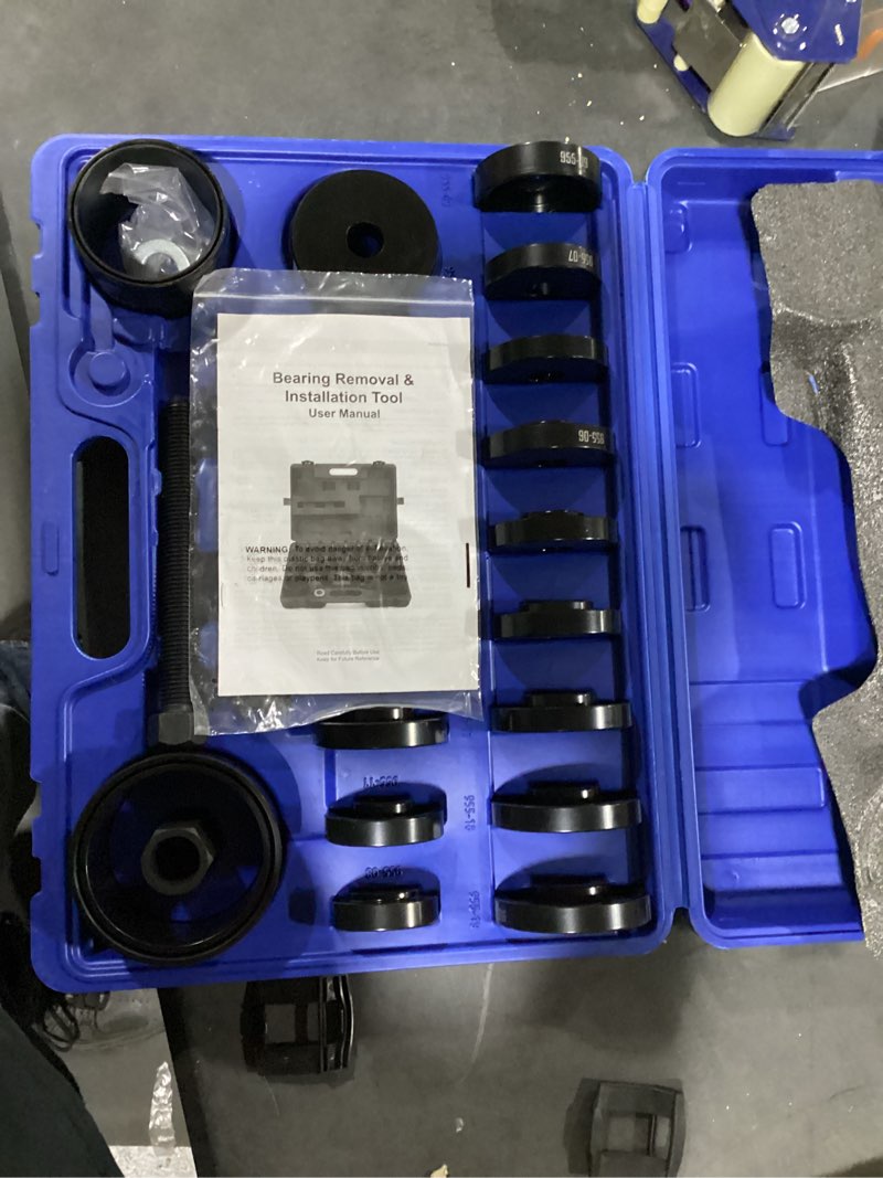 Condition photo showing New/Like New for orion motor tech wheel bearing press kit for front wheel drive bearing removal & installation, 24pc wheel bearing puller tool set with sliding screws universal bushings sleeves blue