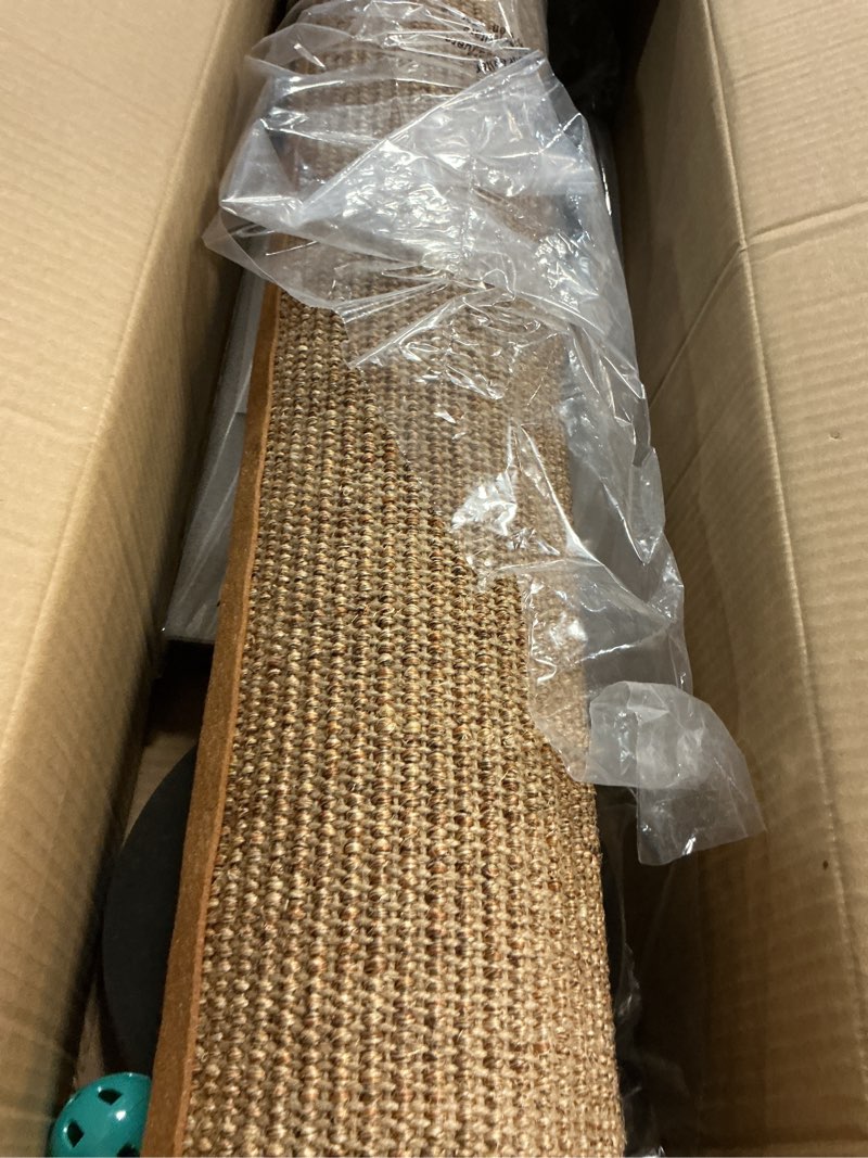 Condition photo showing As Is for kitty city tall sisal cat scratching post, 32” durable scratcher with sturdy base & hanging jingle toy, easy assembly, furniture protection for indoor cats - brown b) scratching post (tan)