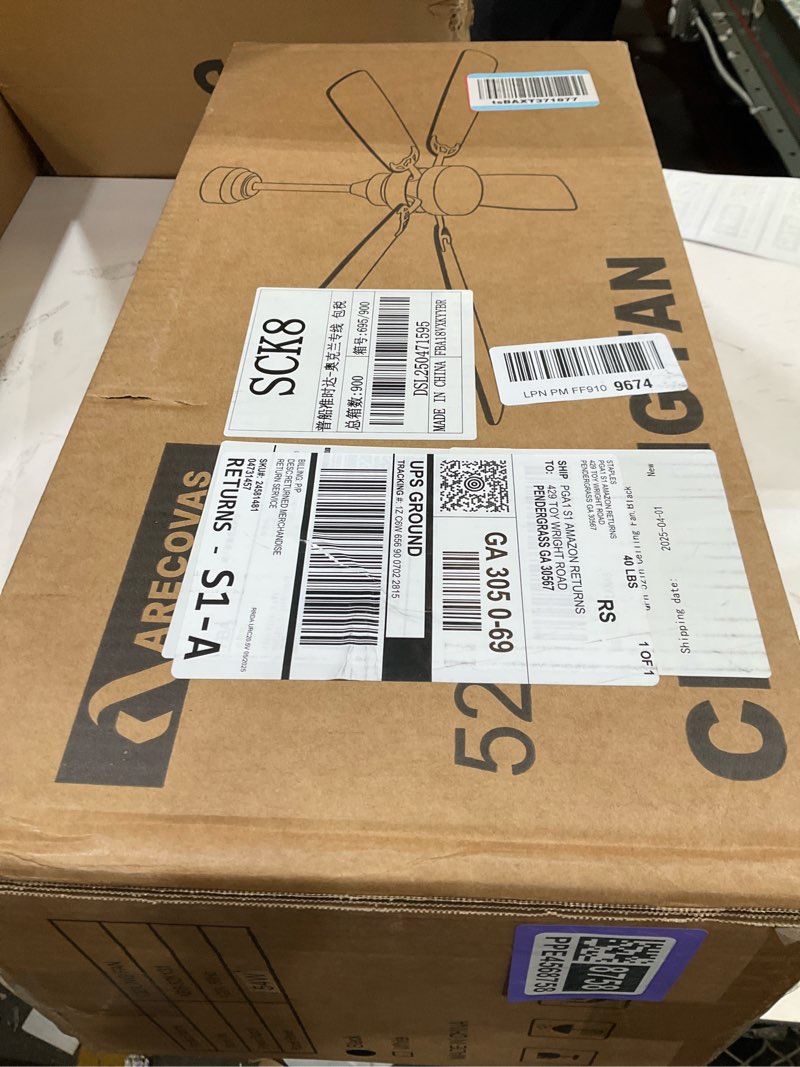 Condition photo showing item condition for 72 Inch Large Ceiling Fans with Lights and Remote, Black Ceiling Fan with Quiet DC Motor, 3CCT Dimmable, 3 Downrods, 8 Dual Finish Blades Industrial Ceiling Fan for Kitchen Living Room Patio Black and Walnut Wood Blades 72 Inch Large Ceiling Fan