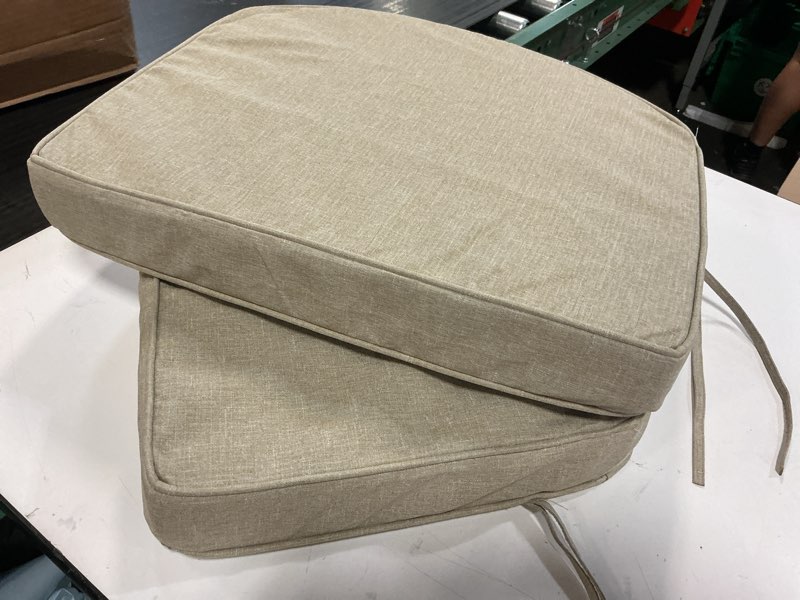Condition photo showing Good Condition for outdoor chair cushions, fade-resistant & water-resistant, d shaped patio furniture seat chair pads replacement with ties, non-slip bottom, removable cover, set of 2, 17 x 16 inch, natural natural 17" x 16" 2 pack