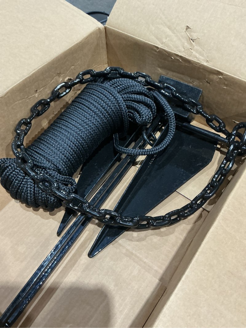 Condition photo showing As Is for greenfield complete boat anchor kit (up to 16' and 24' sizes) comes with fluke anchor, anchor chain, anchor rope, shackles. coated fluke kit. boat accessories marine