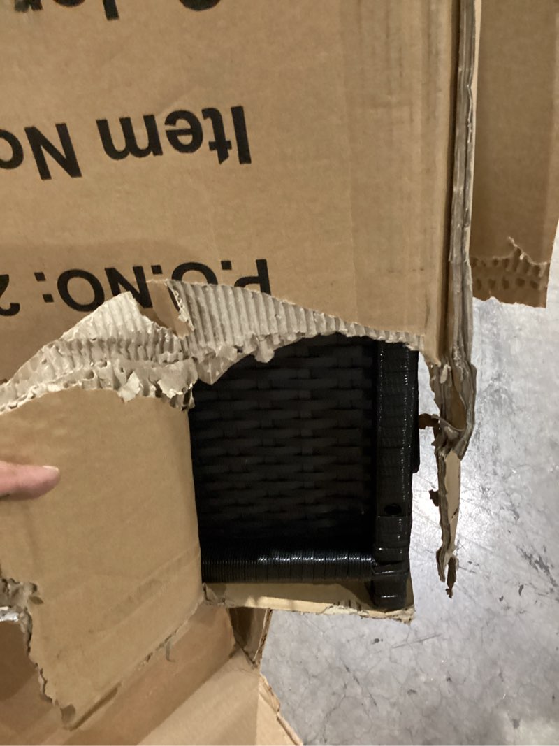 Condition photo showing As Is for oakland living charcoal black indoor and outdoor balcony patio deck porch pool 113 gallon wicker storage box trunk bin with metal frame