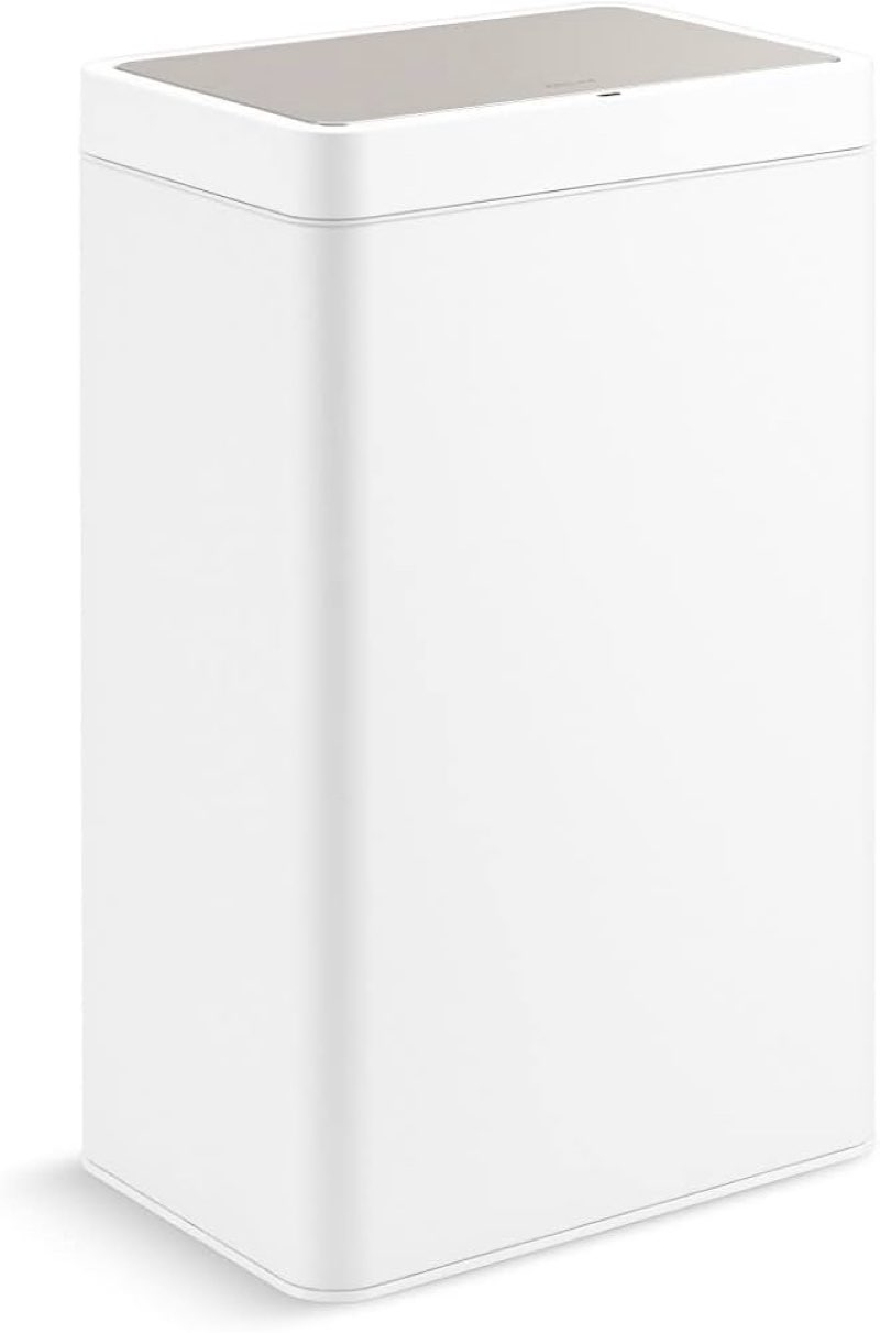 KOHLER 13-Gallon Touchless White Stainless Steel Trash Can, Hands-Free Motion Sensor Lid, Durable, F