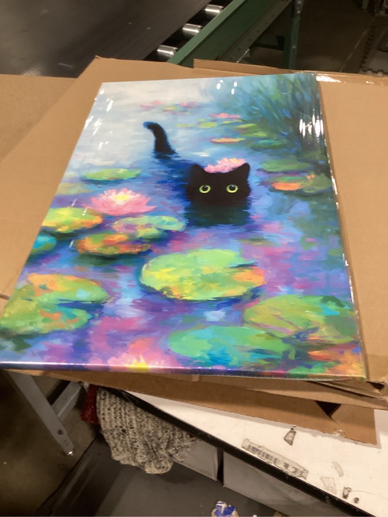 Condition photo showing Good Condition for Impressionist Black Cat Canvas Wall Art Framed Oil Painting in Lily Pond with Green Eyes Pink Lilies Surreal Whimsical Animal Wall Decor Artwork Print Poster 12x16 Inches MINGHUA001 16"L x 12"W