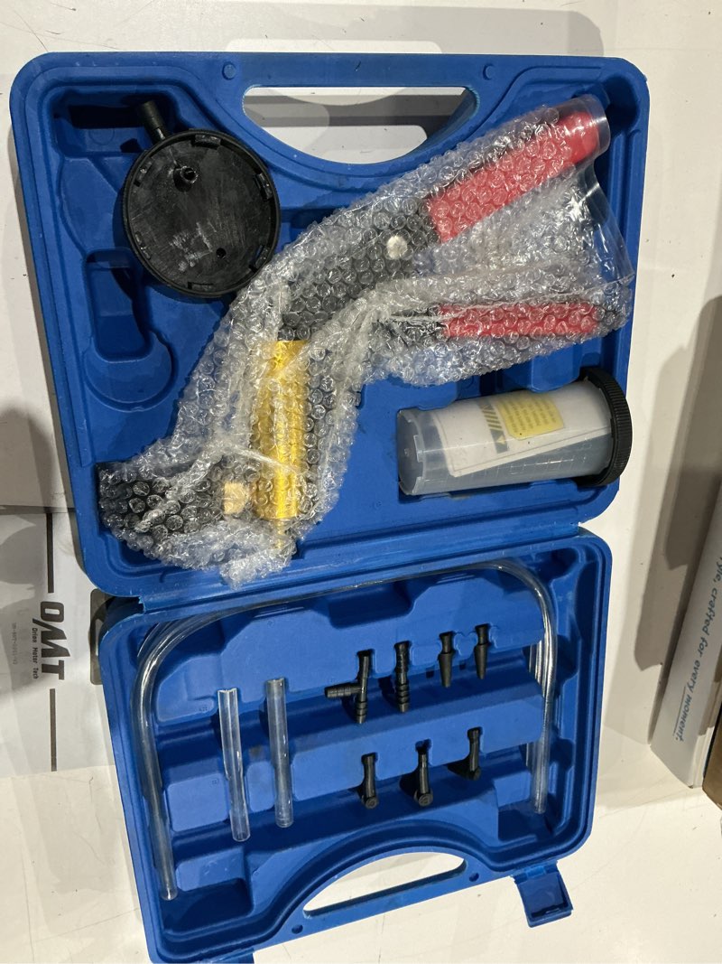 Condition photo showing As Is for orion motor tech brake bleeder kit with hand vacuum pump and adapters, brake bleeding kit for brake fluid power steering fluid more, vacuum brake bleeder pump with pressure gauge blue