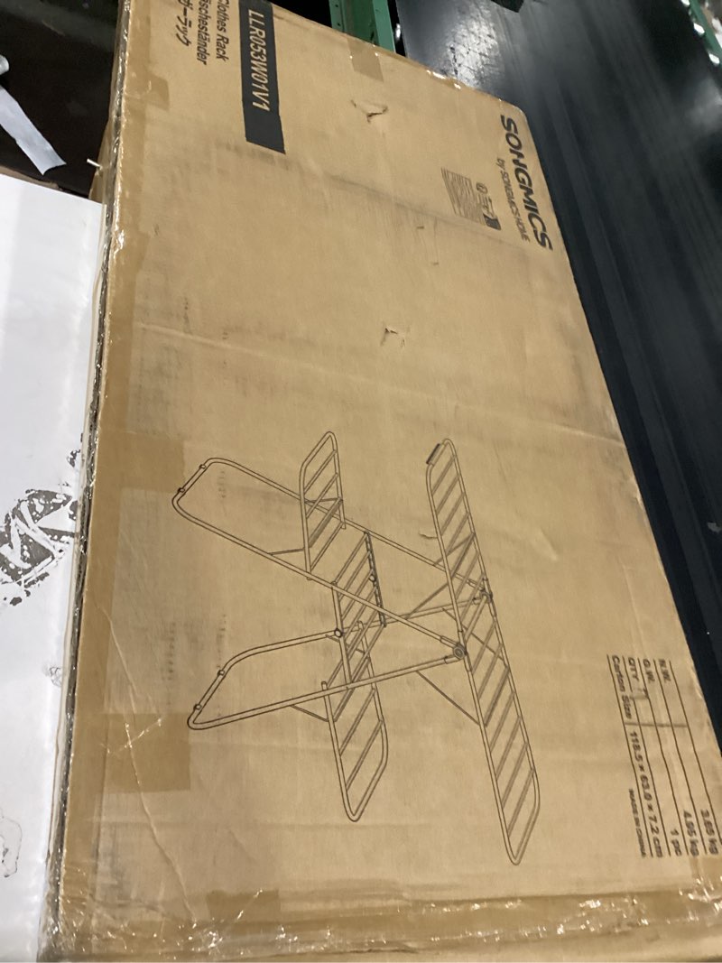 Condition photo showing Good Condition for songmics clothes drying rack, foldable 2-level laundry drying rack, free-standing laundry airer, with height-adjustable wings, 33 drying rails, sock clips, silver and white ullr053w01v1 silver + white 2 tiers?22"d x 61.8"w x 64.3''h )