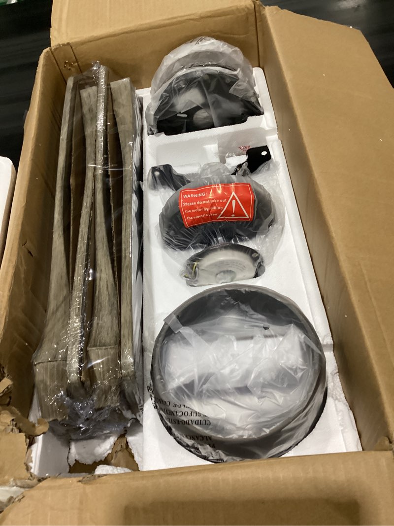 Condition photo showing As Is for wingbo 48 inch flush mount dc ceiling fan with lights and remote, 4 reversible carved wood blades, 6-speed noiseless dc motor, hugger ceiling fan in graphite finish with gray blades graphite and gray 48"