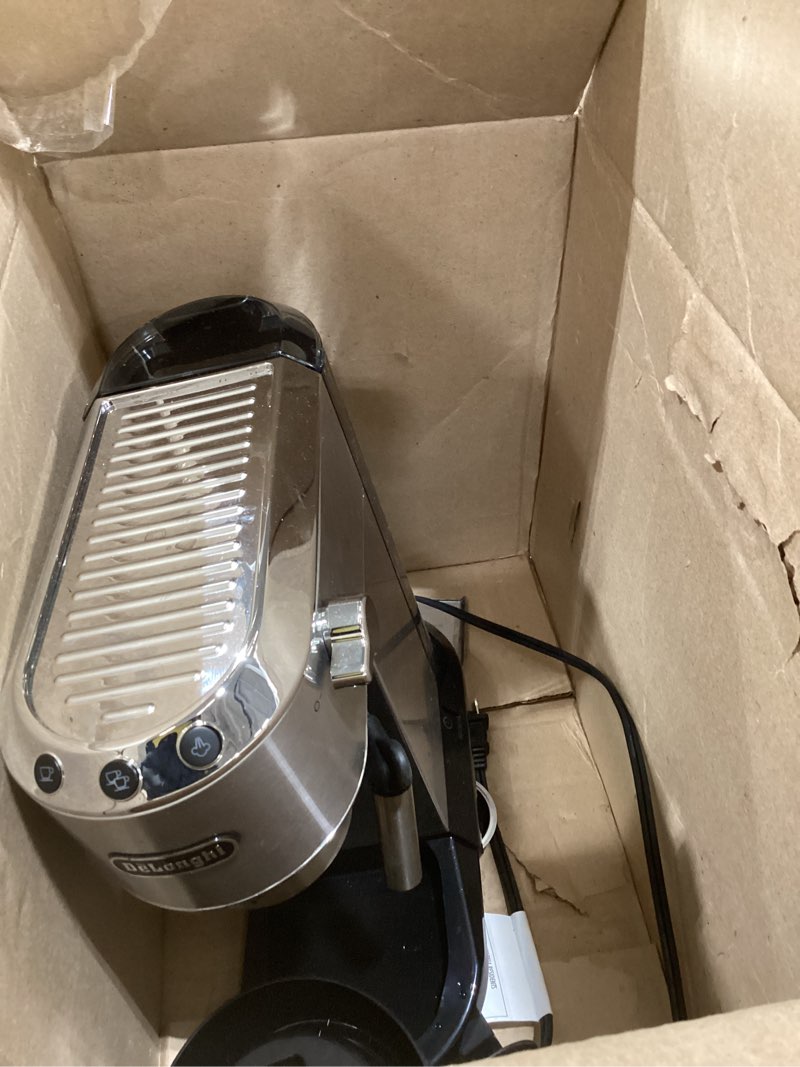 Condition photo showing As Is for De’Longhi Dedica Espresso Machine with Manual Milk Frother, 15-Bar Pump & Adjustable Tray - Home Barista Coffee Maker for Espresso, Latte, Cappuccino & Iced Coffee - Italian Stainless Steel Design Silver