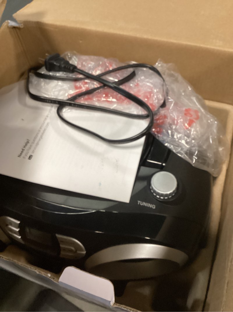 Condition photo showing As Is for megatek portable cd player boombox with fm radio, bluetooth, usb port, aux input, and headphone jack – cd-r/cd-rw/mp3-cd compatible, clear stereo sound, backlit lcd display – black