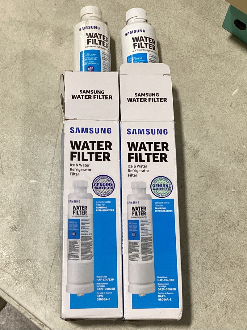 Condition photo showing As Is for haf-cin/exp refrigerator water filter, compatible with da29-00020b carbon block filtration, 99% contaminant reduction, 6-month life 2 pack