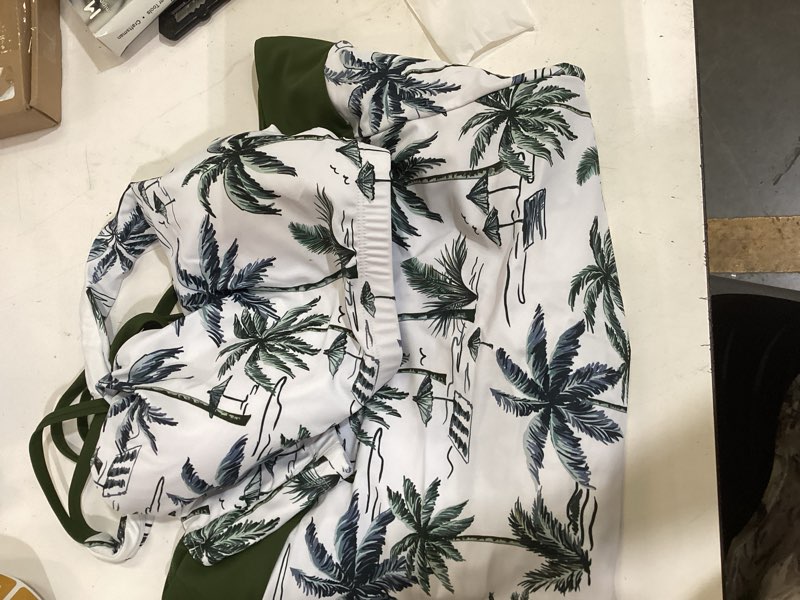 Condition photo showing As Is for tankini swimsuits with skirt tummy control bathing suit | versatile  tank top, sport bra and high waisted skirt, removable pads, built in shorts with two side pockets x-large green palm tre