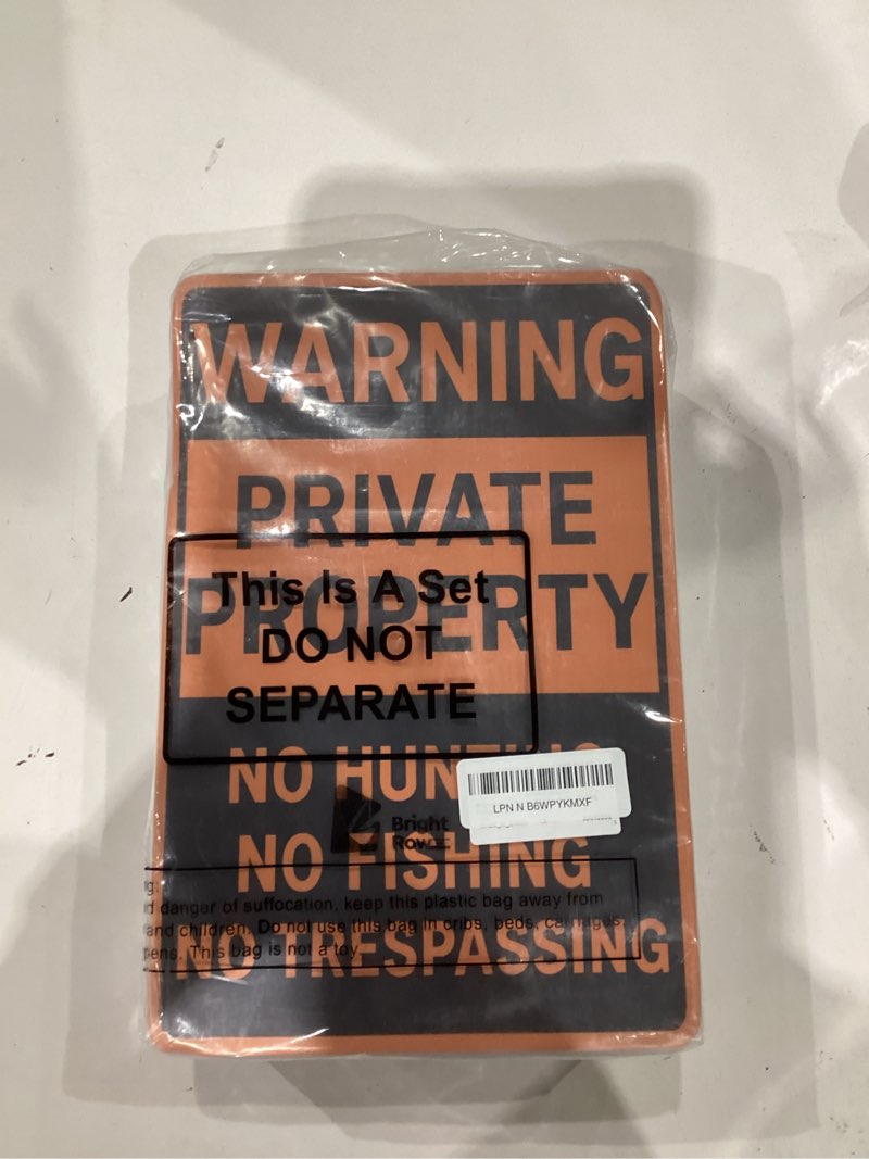 Condition photo showing As Is for 12 Pcs No Hunting No Trespassing Signs Private Property, 8'' x 12'' Waring Signs with H-stake Metal Stakes for Outdoor Yard Warning Hunting Fishing Trapping Outdoor(Orange)