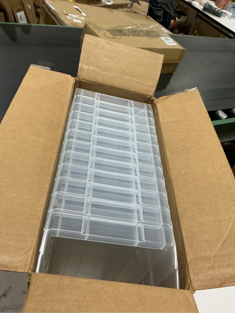 Condition photo showing New/Like New for akro-mils 30138 plastic shelf bins, heavy duty storage bins for garage, closet, and drawer organization, 18" x 6-1/2" x 4", clear, 12-pack