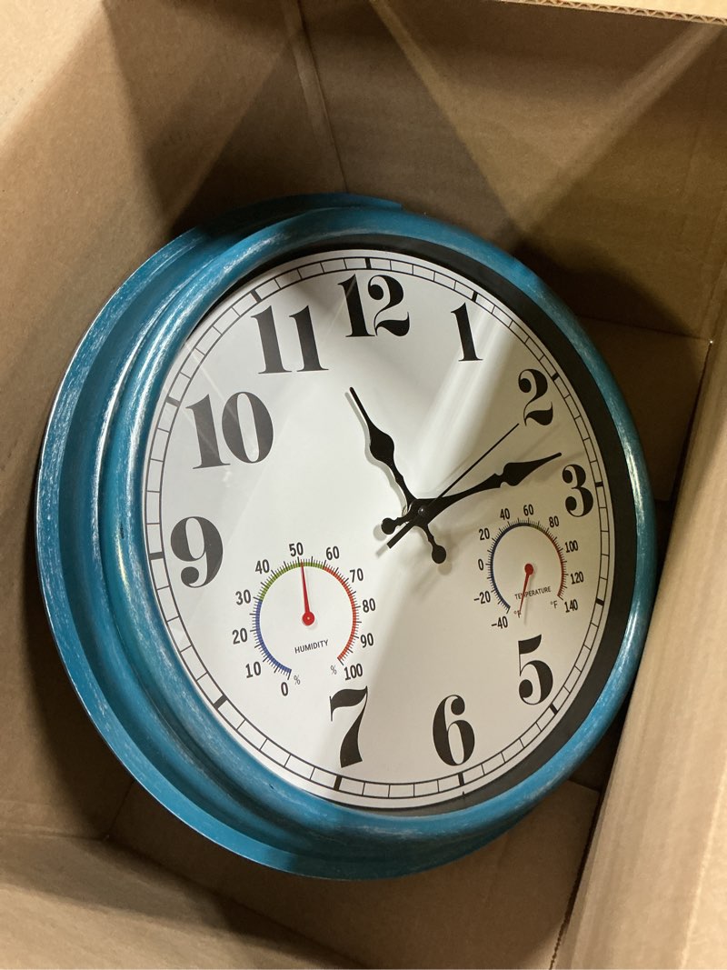 Condition photo showing Good Condition for jenlystime 16 inch blue vintage waterproof indoor/outdoor wall clock with thermometer & hygrometer, large numerals & silent sweep movement - ideal for porch, garden, pool, bathroom 16 blue