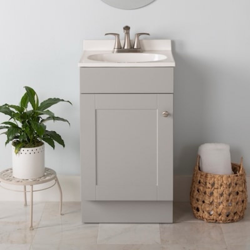  project source dover 18-in light gray single sink bathroom vanity with white cultured marble top