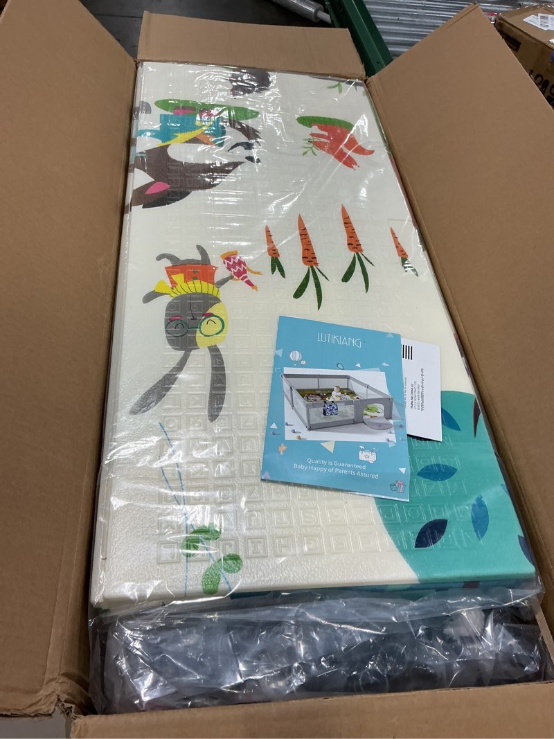 Condition photo showing New/Like New for Baby Playpen 79" X 71", LUTIKIANG Play Yard for Babies and Toddlers with Mat, Safety Extra Large Baby Fence Area, Indoor & Outdoor Kids Activity Play Center with Anti-Slip Suckers and Zipper Gate. Grey 79" x 71" with XPE Mat