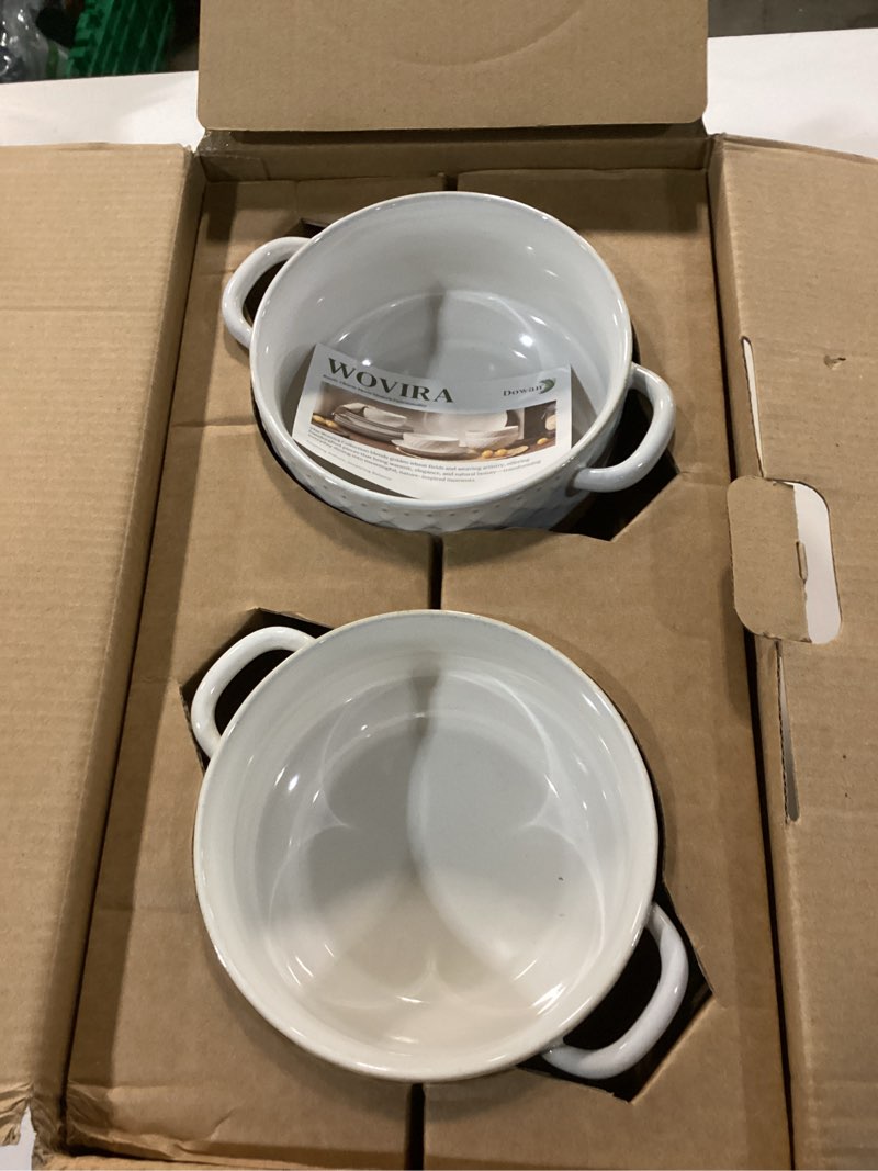 Condition photo showing Good Condition for DOWAN Soup Bowls with Handles, Oven Safe French Onion Soup Bowls, 26 oz Large Soup Bowl for Chilli, Beef Stew, Ceramic Soup Crocks Set of 4, Microwave & Dishwasher Safe Ivory White