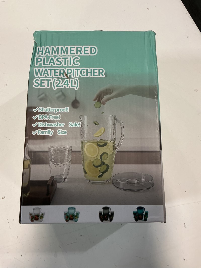 Condition photo showing New/Like New for ZIVONA 84 oz Crystal-Clear Pitcher with 4 Tumblers Set, BPA-Free Food-Grade Jug with 3-Position Lid & Spout – Large Beverage Pitcher for Party, Iced Tea, Lemonade, Sangria, Fridge – Aqua Blue