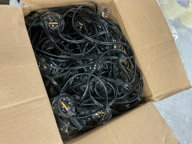Condition photo showing As Is for addlon 100ft outdoor string lights g40 with remote, 54 led shatterproof bulbs, dimmable patio globe lights waterproof, hanging outside lighting for backyard, garden, deck, balcony, porch, café, decor 100ft(50 sockets)