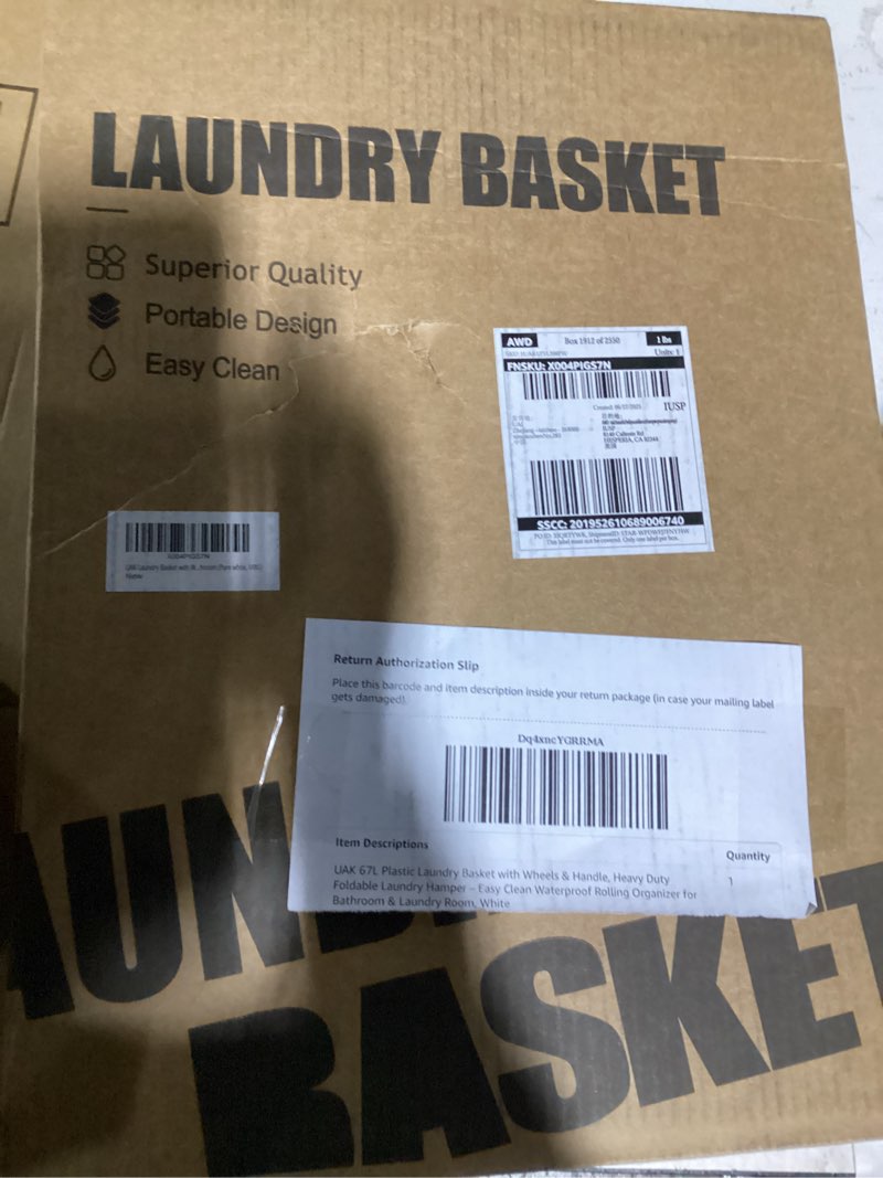 Condition photo showing Good Condition for uak 67l plastic laundry basket with wheels & handle, heavy duty foldable laundry hamper – easy clean waterproof rolling organizer for bathroom & laundry room, white