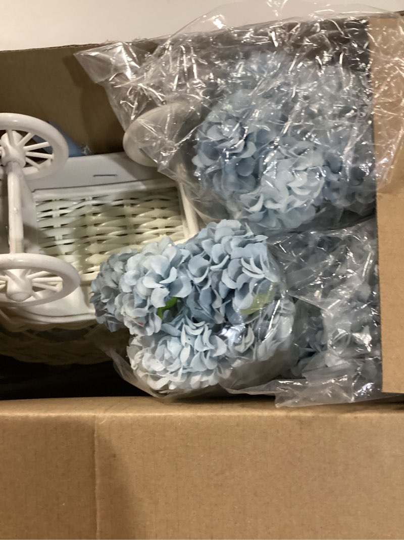 Condition photo showing Good Condition for 3 pack rattan baby carriage floral arrangement with bouquet baby shower table centerpiece stroller for guests gender reveal wedding party favor gift and souvenir(blue) blue stroller