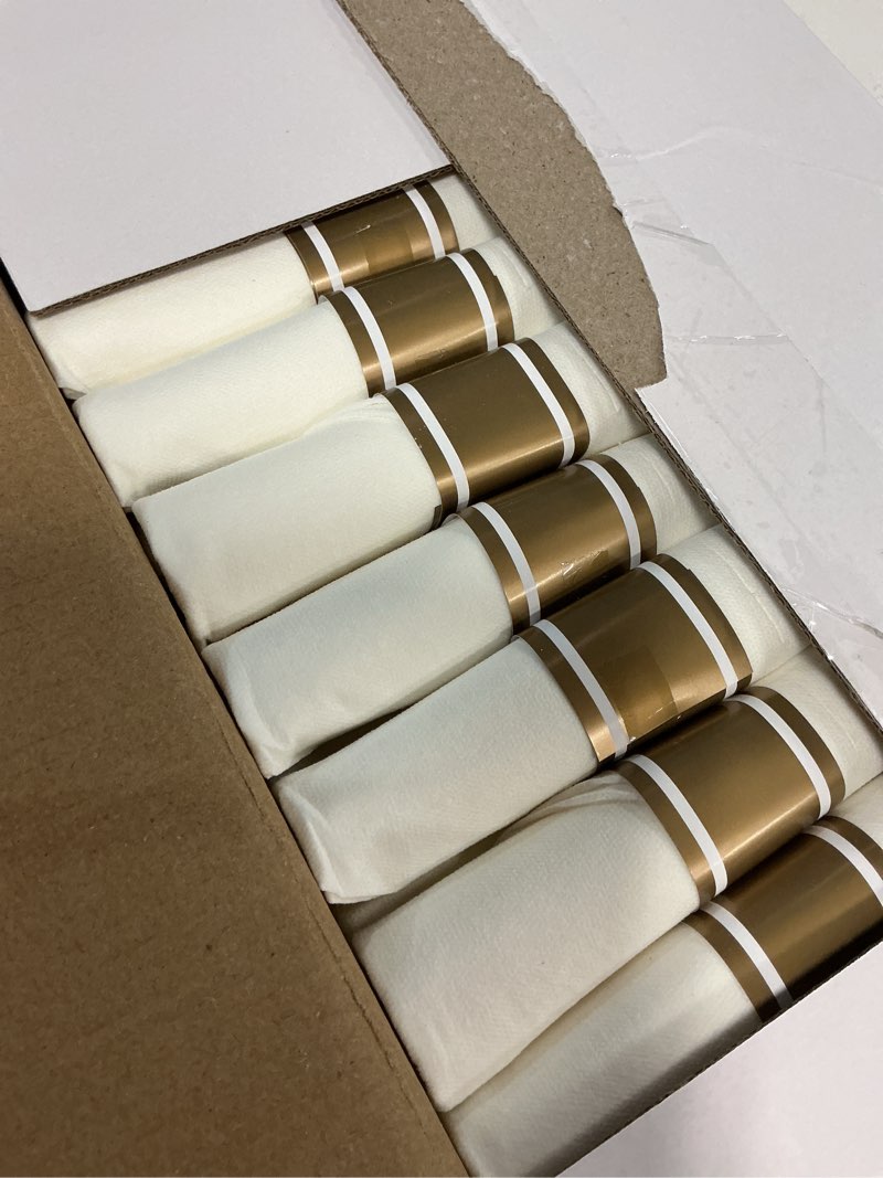 Condition photo showing New/Like New for n9r 75 pack pre rolled gold plastic cutlery set, wrapped plastic silverware set with 75 forks, 75 knives, 75 spoons and 75 napkins, disposable cutlery set for party and wedding gold 75pack