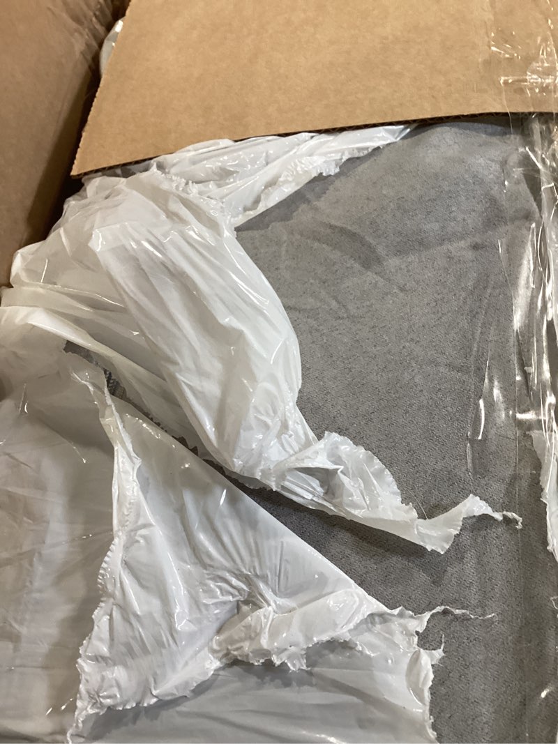 Condition photo showing As Is for furhaven round orthopedic dog bed for large dogs, egg crate with a solid orthopedic foam base with attached blanket hood and removable washable cover, large, sherpa & suede snuggery, gray gray large