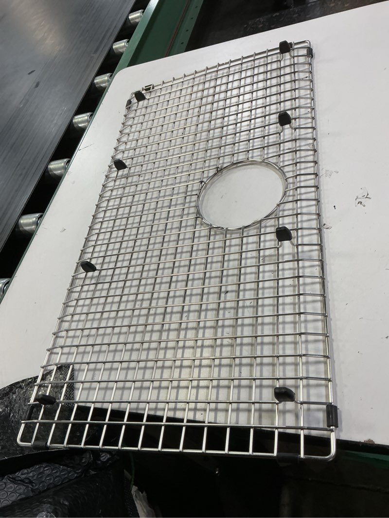 Condition photo showing Good Condition for 221206 kitchen sink protector grid 27.56" x14.56" 304 stainless steel grid,kitchen frame, rack drain is located at the center of one side of the long side.