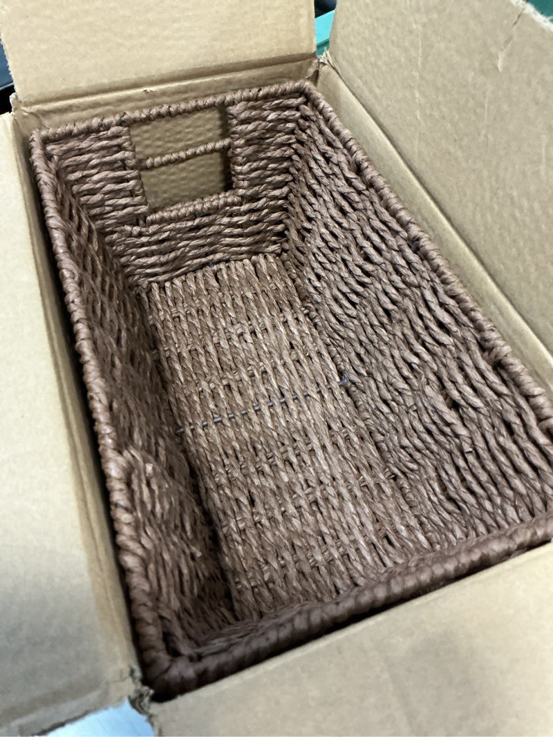 Condition photo showing Good Condition for paper rope storage baskets for shelves organizing, small hand woven wicker organizer basket with handle for bathroom toilet paper storage, brown, 3-pack paper rope brown 3 pack