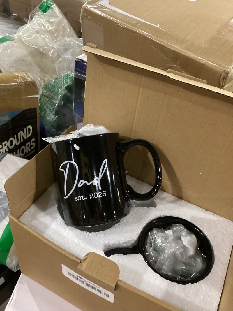 Condition photo showing Good Condition for pregnancy gift set - new mom and daddy est 2026 11 oz mug set with "adventure awaits & new to crew" onesie 0-3 months - baby changing coin - baby bibs - mom & dad gift set for expecting parents to be