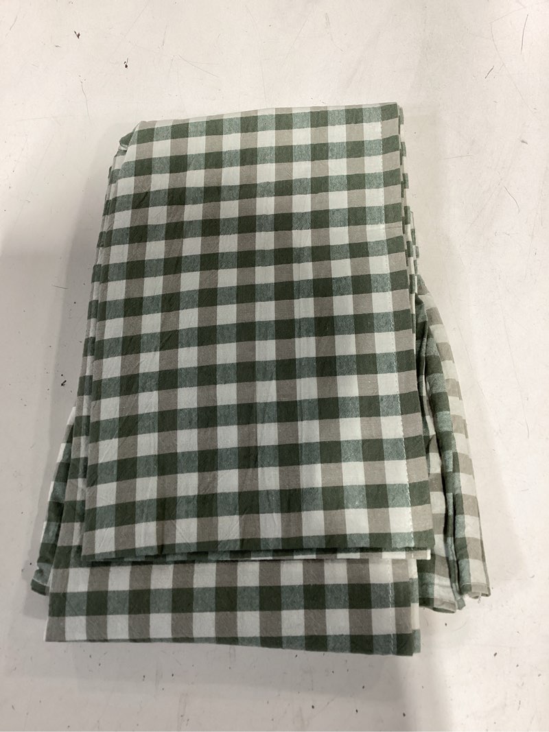 Condition photo showing Good Condition for sage green gingham plaid ruffle table runner 72 inches long, 100% washed cotton double layer farmhouse dining decor for holiday, home party wedding, 13 x 72 inches sage green 13'' x 72''