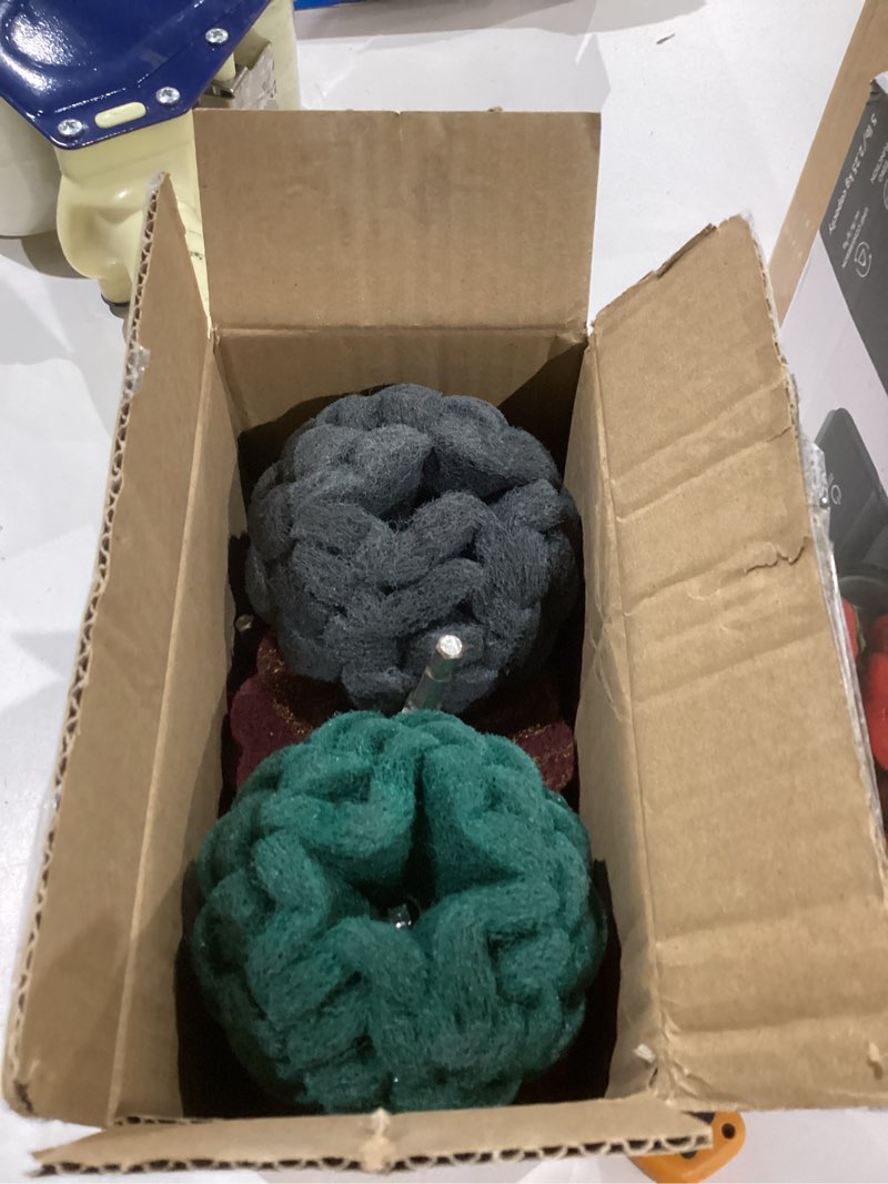 Condition photo showing As Is for 9PCS Scouring Pads Abrasive Buffing Polishing Wheel Drill Attachment Set, Non Woven Wheel Polishing Kit for Drill,Power Scrubber Drill Polishing Kit?Green red Gray 1/4” Shank