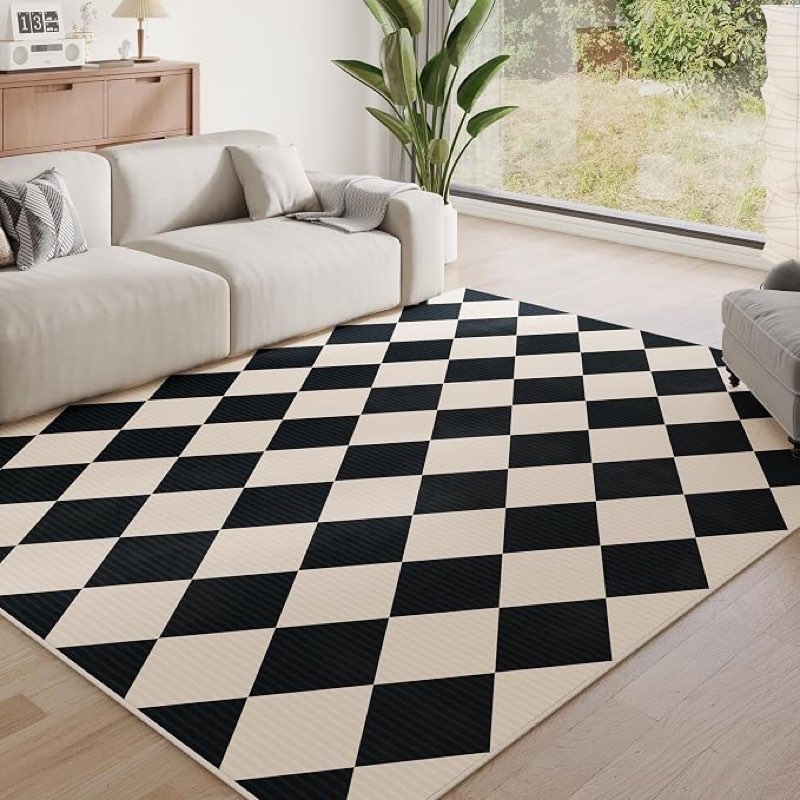 washable checkered rugs for bedroom, black and beige area rug for living room, geometric faux wool carpet for kids, girls, boys playroom, dorm, nursery, dining room, kitchen, non slip