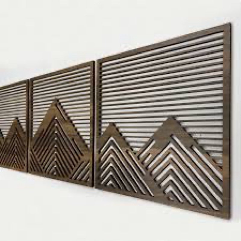 Mountain with lines panel wood wall art Geometric mountain wood wall decor over the bed Set of 3 large wooden wall art Modern new home gift