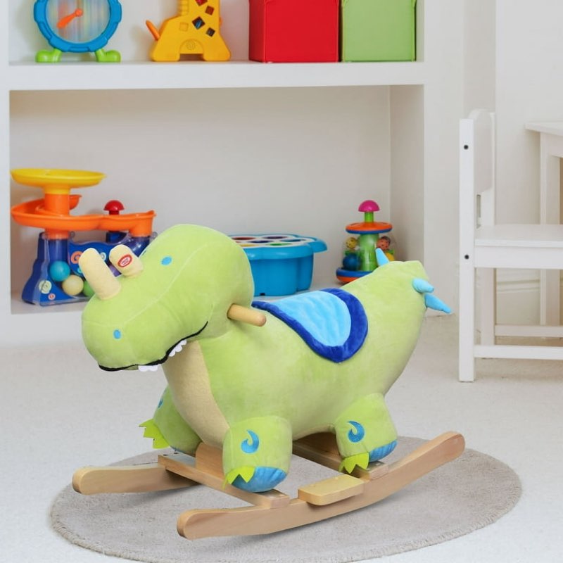 Qaba Kids Plush Ride-On Rocking Horse Toy Dinosaur Ride on Rocker Green with Realistic Sounds