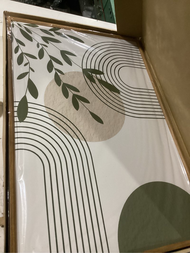 Condition photo showing As Is for yeehomedec boho sage green framed canvas wall art, mid century modern wall decor, large minimalist botanical art print, abstract geometric line leaf art painting for bathroom living room bedroom office 16"x24"x3 green sage 24"l x 16"w
