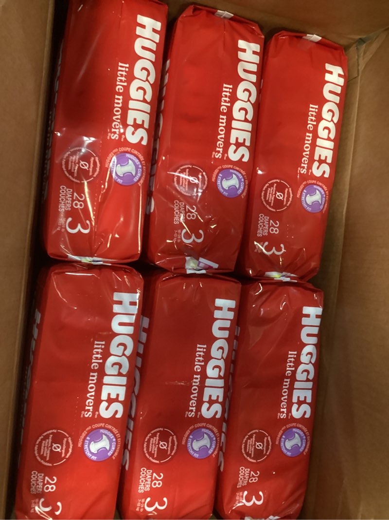 Condition photo showing New/Like New for Huggies Size 3 Diapers, Little Movers Baby Diapers, Size 3 (16-28 lbs), 168 Count (6 Packs of 28), Packaging May Vary