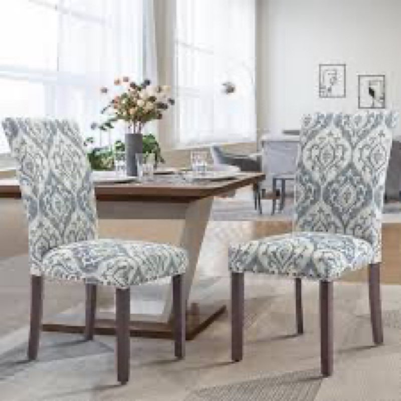 COLAMY Upholstered Parsons Dining Chairs Set of 2, Fabric Dining Room Kitchen Side Chair with Nailhead Trim and Wood Legs - Beige and blue Set of 2