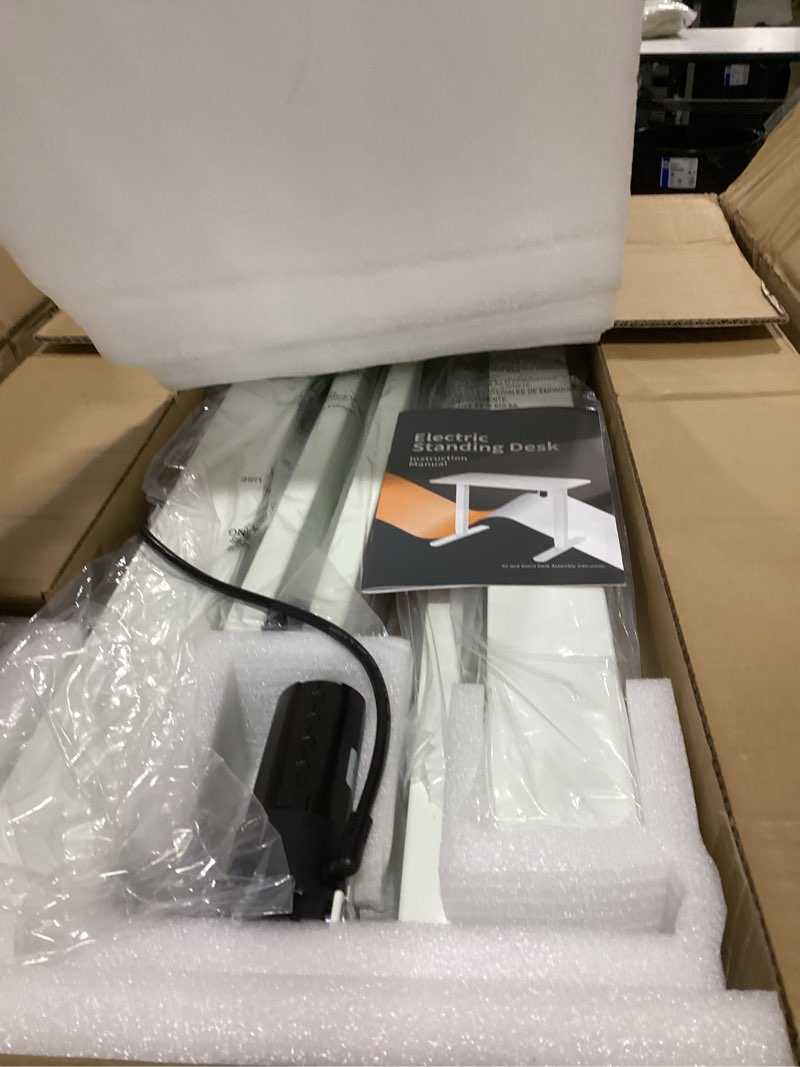 Condition photo showing As Is for FLEXISPOT E3 Dual Motor Electric Standing Desk 55 x 28 Sit Stand Up Desk, Holds 220 lbs, Adjustable Height w/Memory Presets, One-Piece White Desktop & White Frame, Ships in 2 Boxes 55"x28" Whole-piece White Frame + White Top