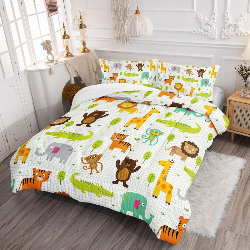 Smell Sunshine Cute Wild Animals Comforter Set Elephant Giraffe Zebra Animals Printed Bedding Set wi