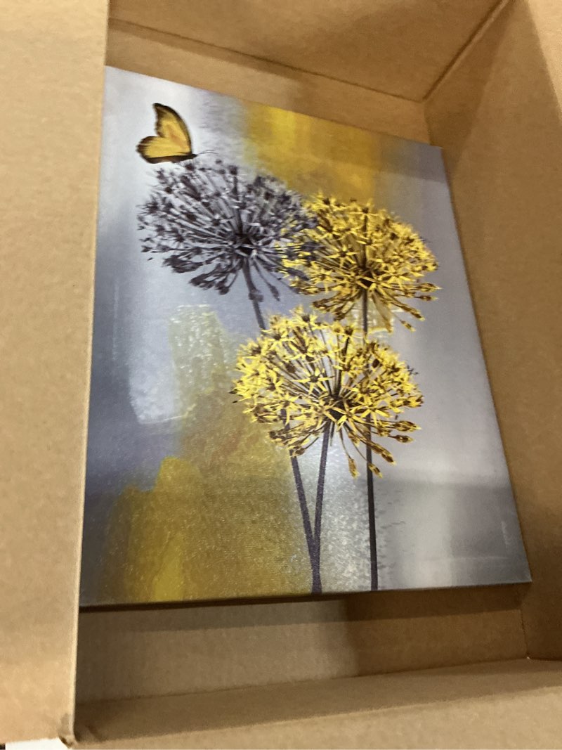 Condition photo showing Good Condition for LB Yellow Dandelion Canvas Wall Art Yellow Grey Dandelion with Butterfly on Modern Abstract Wall Art Aesthetic Wall Decor for Living Room Bedroom Bathroom Office Framed Ready to Hang 20L x 16W Yellow 20\"L x 16\"W