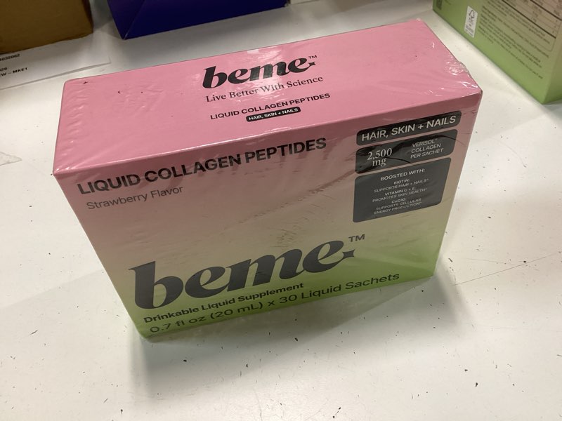 Condition photo showing New/Like New for (best before 15/apr/2027) beme liquid collagen for women — 2,500mg hydrolyzed bovine verisol collagen peptides drink — biotin, coq10 & vitamin c collagen supplement for hair, skin & nails — strawberry, 30 sachets strawberry 21 fl oz (pack of 1)