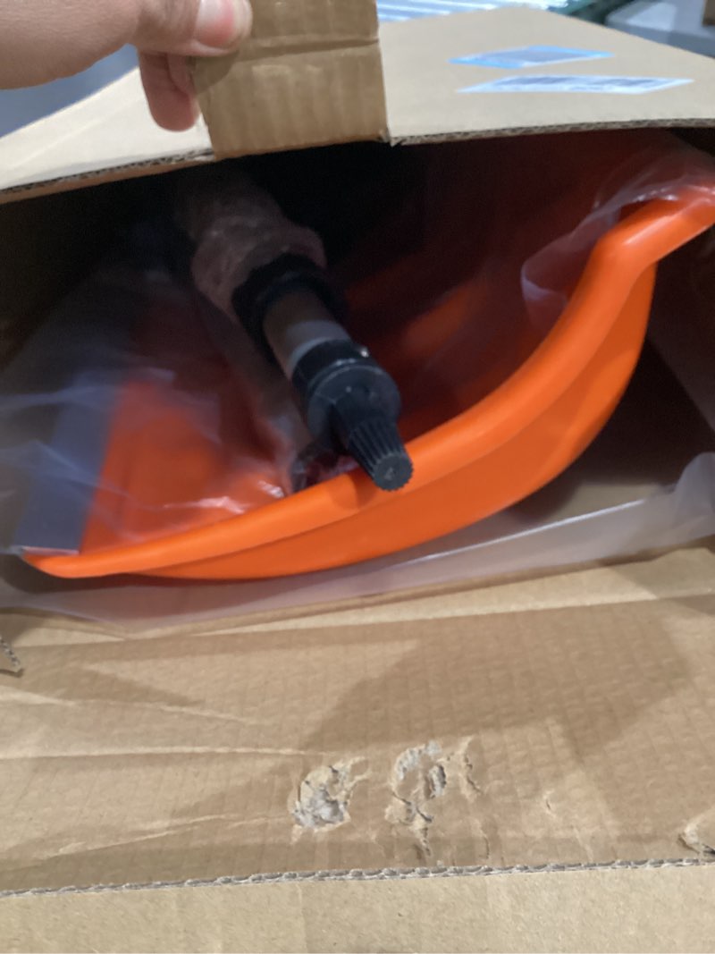 Condition photo showing Good Condition for snow pusher, 24-inch wide snow shovel for driveway, snow removal tool for car garage, sidewalks and doorways, snow pusher shovel with ergonomic grip and aluminum strip, orange