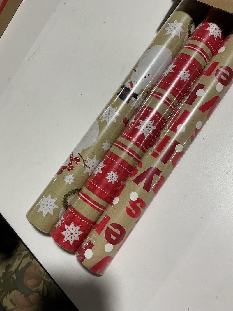 Condition photo showing Good Condition for Hallmark Reversible Christmas Wrapping Paper (3 Rolls: 120 sq. ft. ttl) Merry Holidays, Snowflakes, Snowmen, Red Stripes