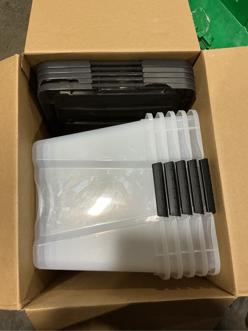 Condition photo showing As Is for 22 quart plastic storage box with lid, 5 pack latching container bins