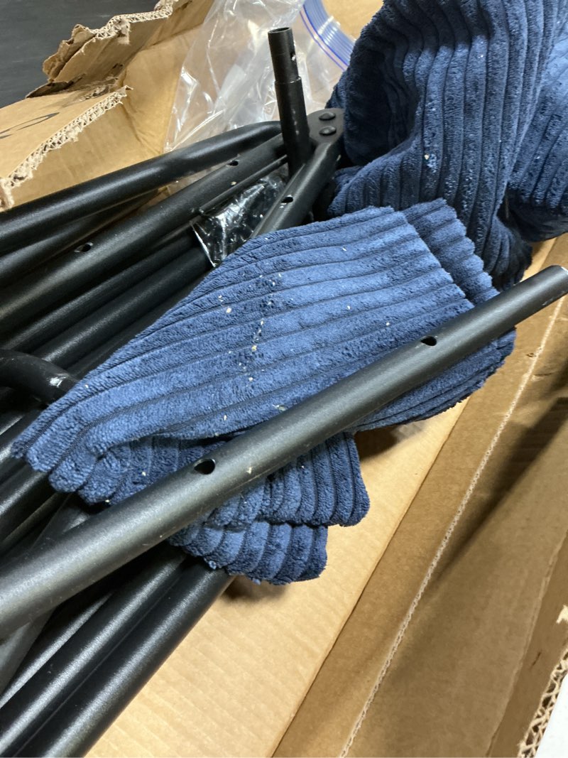 Condition photo showing As Is for modern comfy navy blue corduroy lazy accent arm chair with ottoman ergonomic folding footrest for small spaces