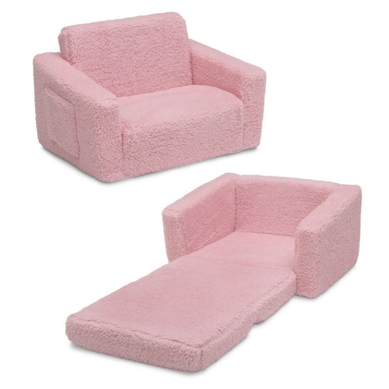 delta children cozee flip-out sherpa 2-in-1 convertible chair to lounger for kids, pink