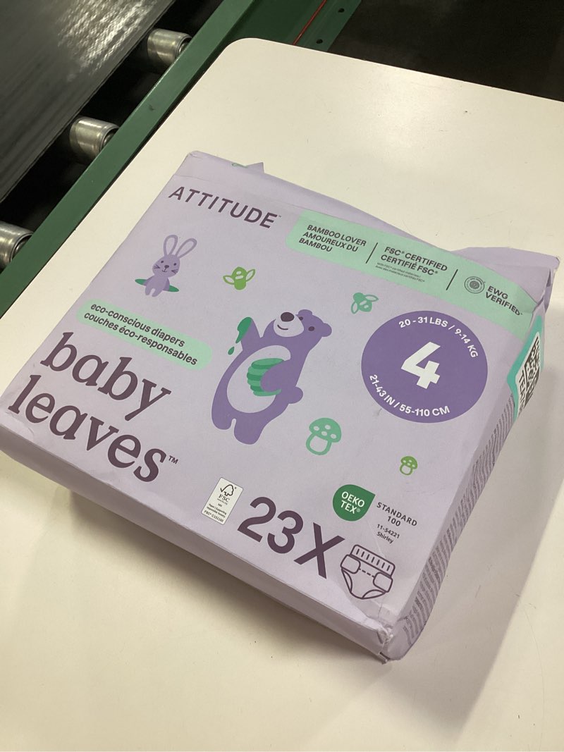Condition photo showing New/Like New for attitude eco-conscious disposable diapers, ewg verified, size 4 (20-31 lbs), ultra absorbent for baby, vegan & plant-based, 23 count