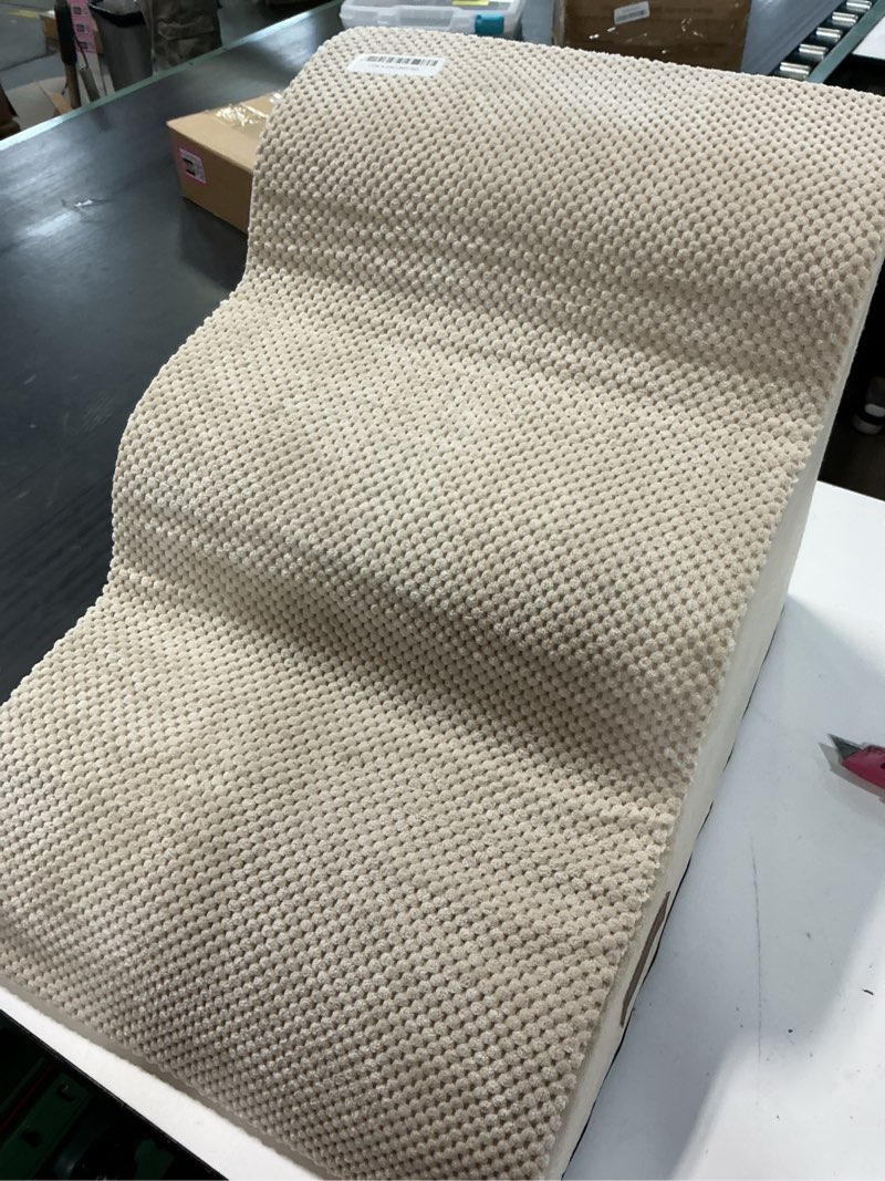 Condition photo showing As Is for dog stairs for small dogs,3 step dog ramp for couch and bed,pet stairs with non-slip bottom for old cats,indoor pet steps,comfort,durable,15.4" h beige 3 21.6"d x 15.4"w x 15.4"h